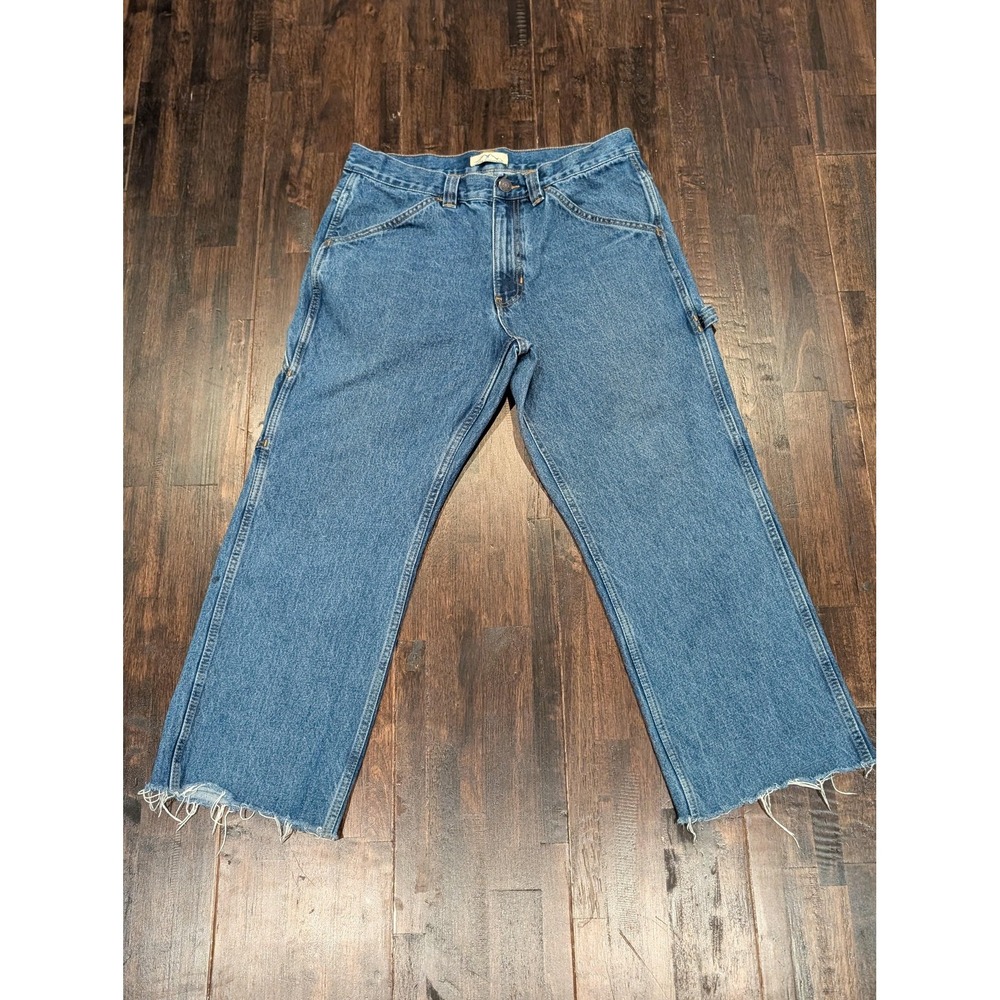 Blue Mountain Carpenter Jeans 34x27 Blue Denim Raw Hem Workwear Utility Straight
